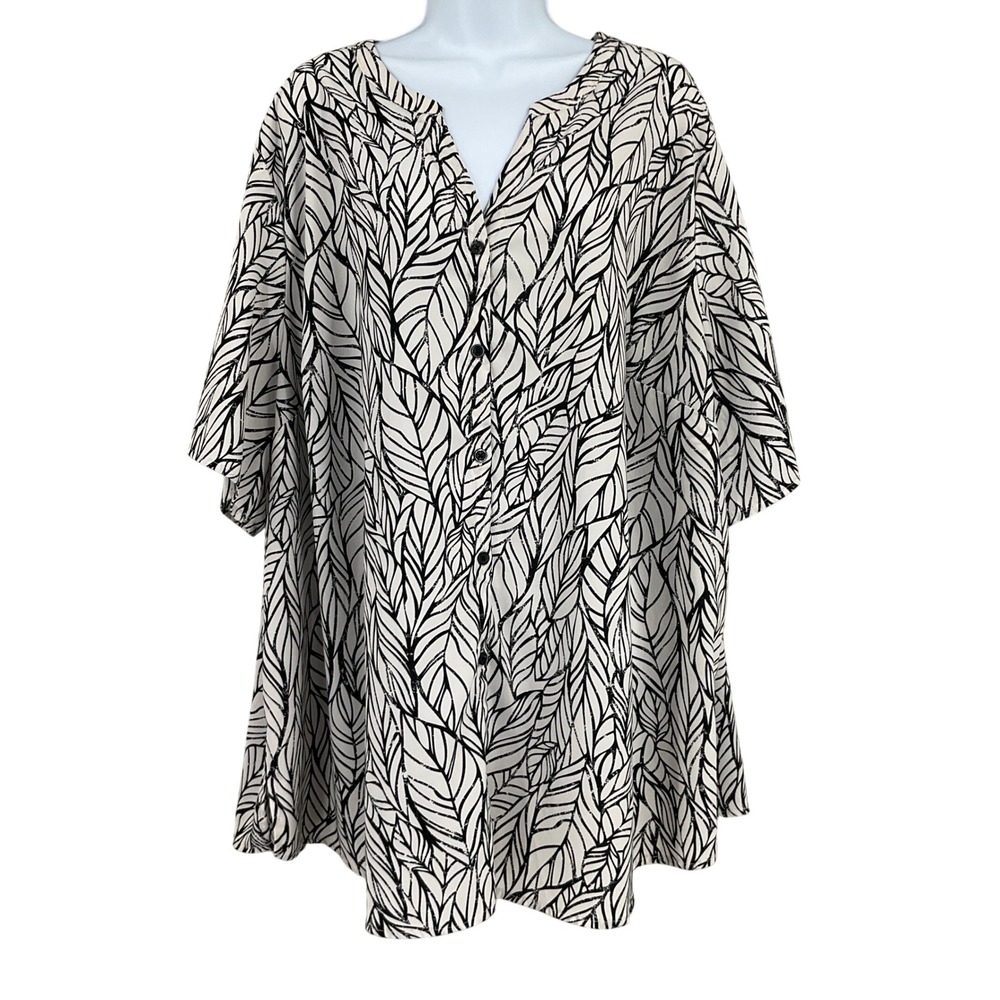 Catherines Tunic Blouse Womens 3X White Black Polyester Leaf Print Button V-Neck